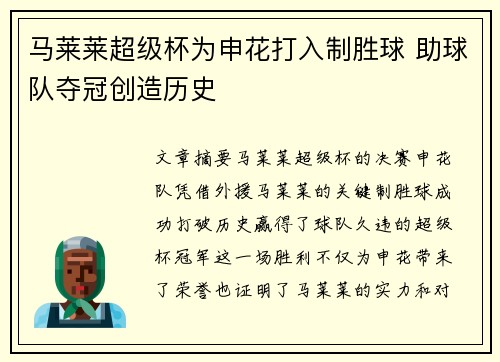 马莱莱超级杯为申花打入制胜球 助球队夺冠创造历史