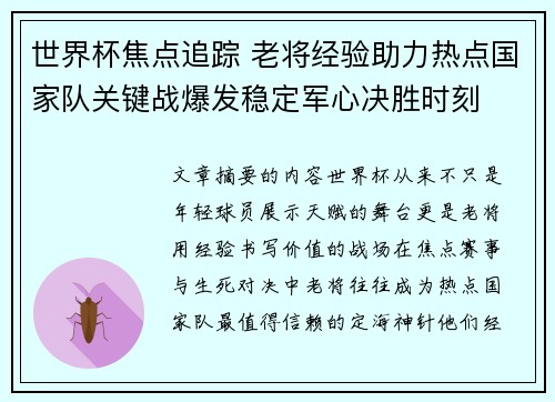世界杯焦点追踪 老将经验助力热点国家队关键战爆发稳定军心决胜时刻