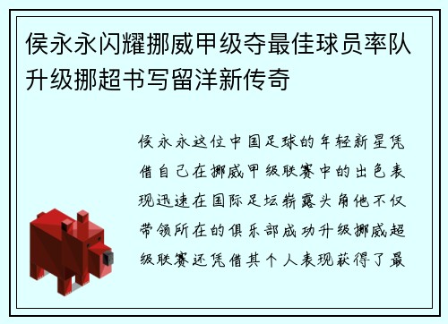 侯永永闪耀挪威甲级夺最佳球员率队升级挪超书写留洋新传奇
