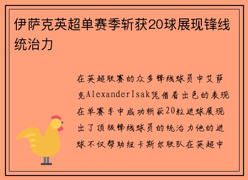伊萨克英超单赛季斩获20球展现锋线统治力